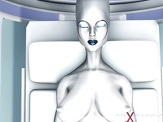 Alien Girly-girl Bang-out In Sci-fi Lab. Female Android Plays With An Alien