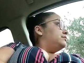 Big-chested Woman In Glasses Masturbates In Car
